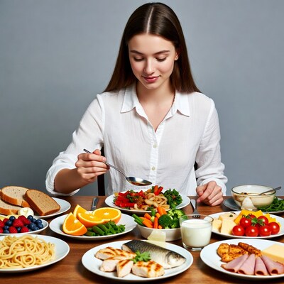 Woman tasting soup at healthy food table