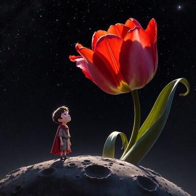 Boy gazing at giant tulip on moon