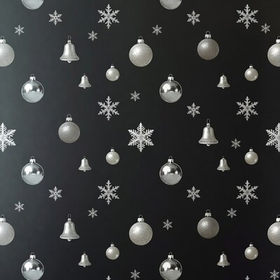 Silver Christmas Ornaments and Snowflakes on Black
