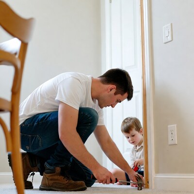 Father and son hammering door trim
