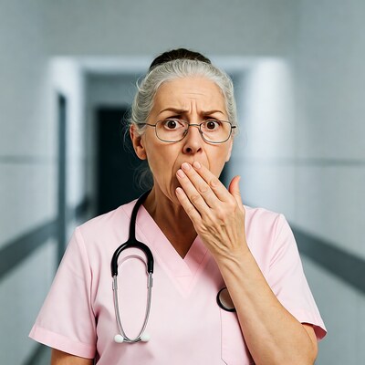 Shocked elderly nurse in hospital hallway