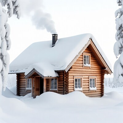 Log cabin with chimney smoke in snow