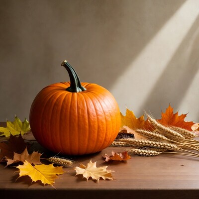 Pumpkin with autumn leaves and wheat