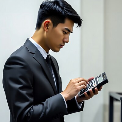 Asian man calculating with calculator