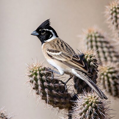 Crested bird perched on cactus