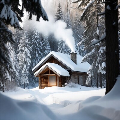 Snowy Log Cabin in Forest with Chimney Smoke