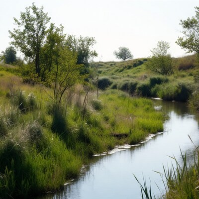Serene river winding through green grassy meadow