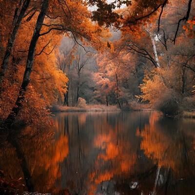 Autumn Forest Reflecting in Lake