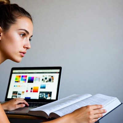 Woman using laptop and reading book