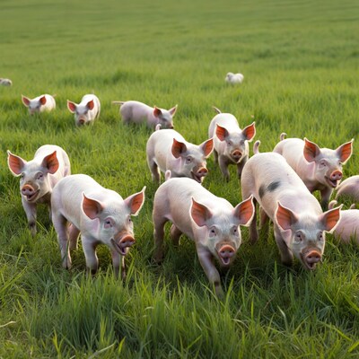 Piglets playing in green field