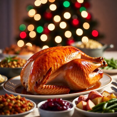 Roast Turkey with Christmas Tree Background