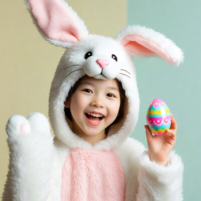 Asian girl in bunny costume holding Easter egg