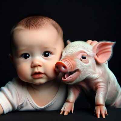 Baby hugging cute piglet