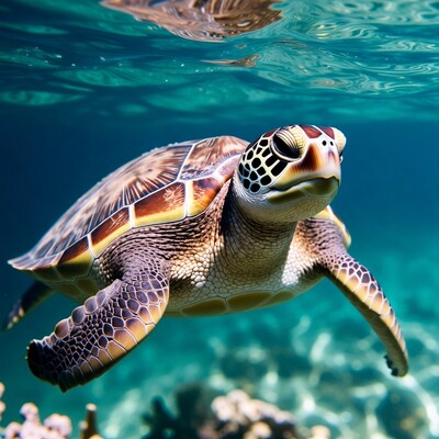 Hawksbill Sea Turtle Swimming Underwater