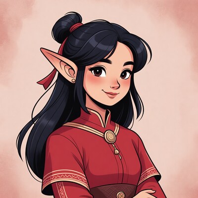 Asian elf girl in red dress