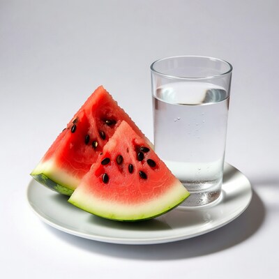 Watermelon slices with water glass