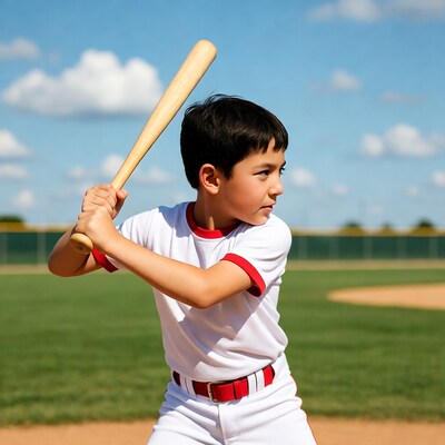 Asian boy swinging baseball bat