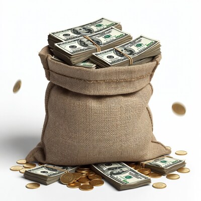 Burlap sack overflowing with money