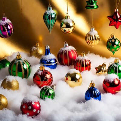 Colorful Christmas Ornaments on Snow