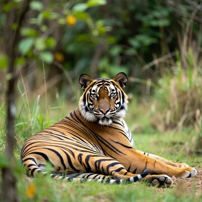 Tiger lying in green jungle grass