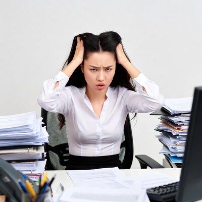 Stressed Asian woman pulling hair at desk