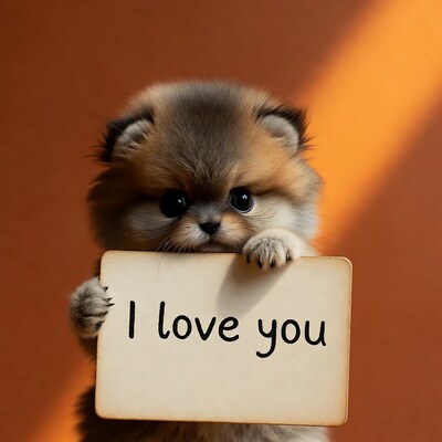 Pomeranian puppy holding I love you sign