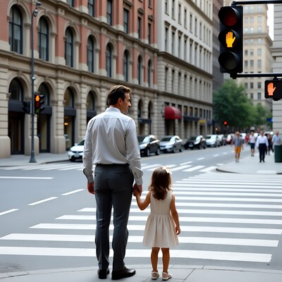 Father and daughter at crosswalk