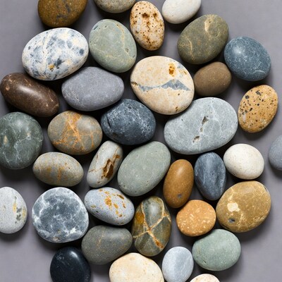 Colorful Assortment of Pebbles on Gray Background