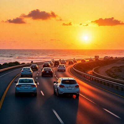 Cars on coastal highway at sunset