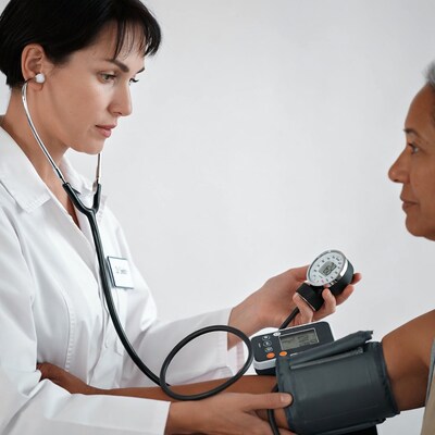 Nurse checking blood pressure on patient