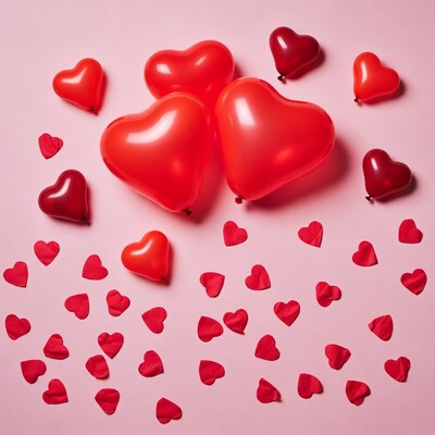 Red heart balloons and confetti