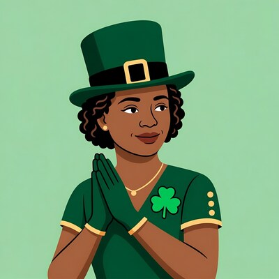 African-American woman praying in leprechaun outfit