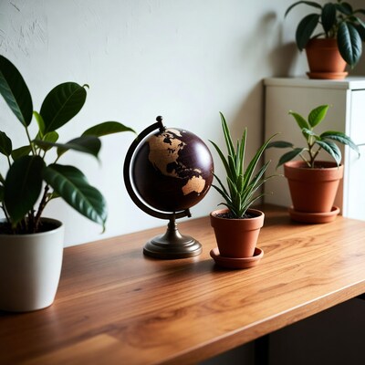 Globe with houseplants on wooden desk
