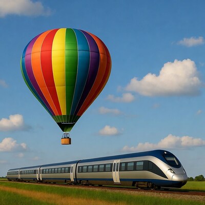 Rainbow Hot Air Balloon over Train