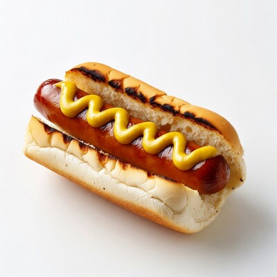 Hot dog with mustard on bun