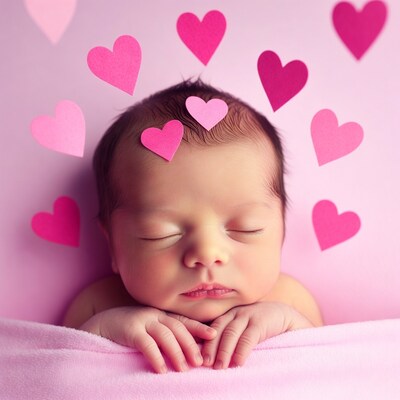 Sleeping newborn baby with pink hearts