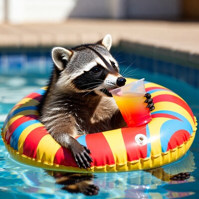 Raccoon sipping drink in pool float