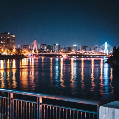 Night Bridge Over River with City Skyline