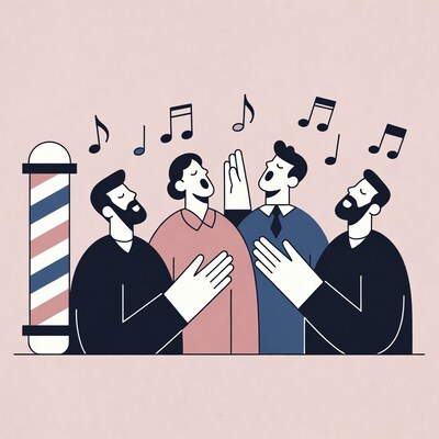 Men and woman singing near barber pole