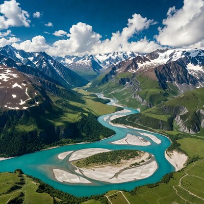 Turquoise River Meandering Through Snowy Mountains