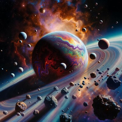 Colorful Iridescent Planet with Rings