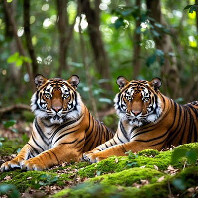 Two Tigers Resting in Forest