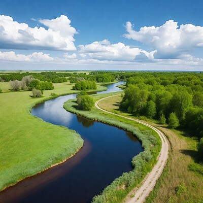 Winding River Through Green Forest