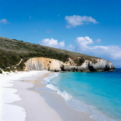 White sand beach with cliffs and turquoise sea