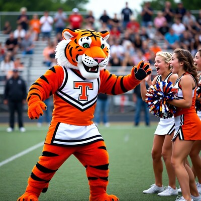 Tiger Mascot with Cheerleaders on Field