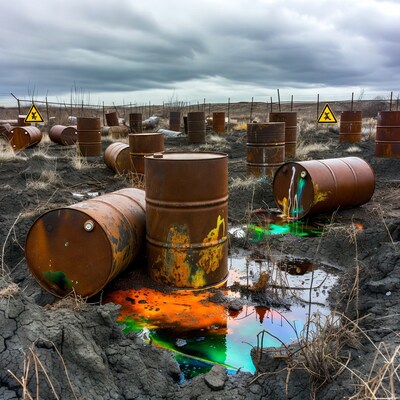 Rusty barrels leaking colorful chemicals