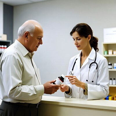 Pharmacist woman consulting elderly man on medicine