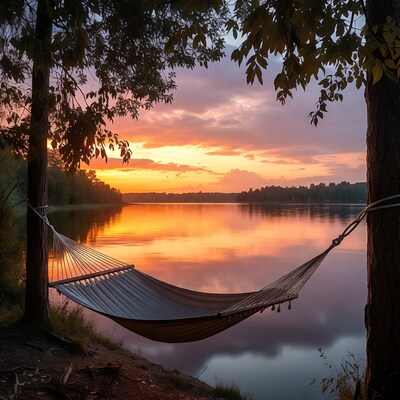 Hammock between trees over sunset lake