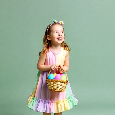 Girl holding Easter basket with eggs