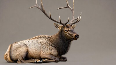 Bull Elk Lying on Gray Background
